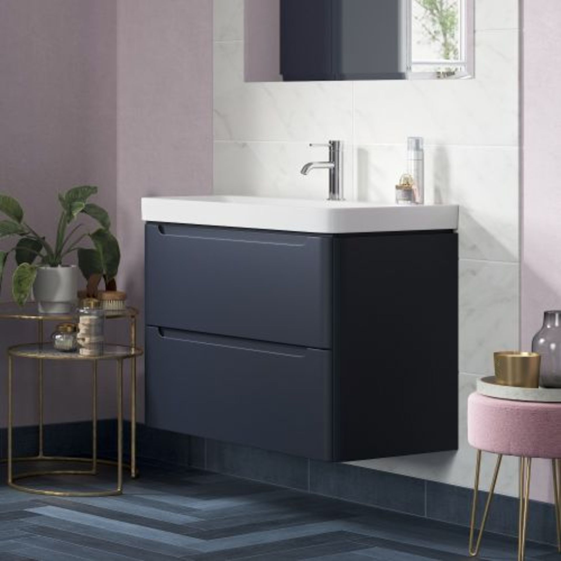 New (J21) Lambra 600mm 2 Drawer Wall Hung Vanity Unit - Matt Indigo. Rrp £549.99.Comes Comple...