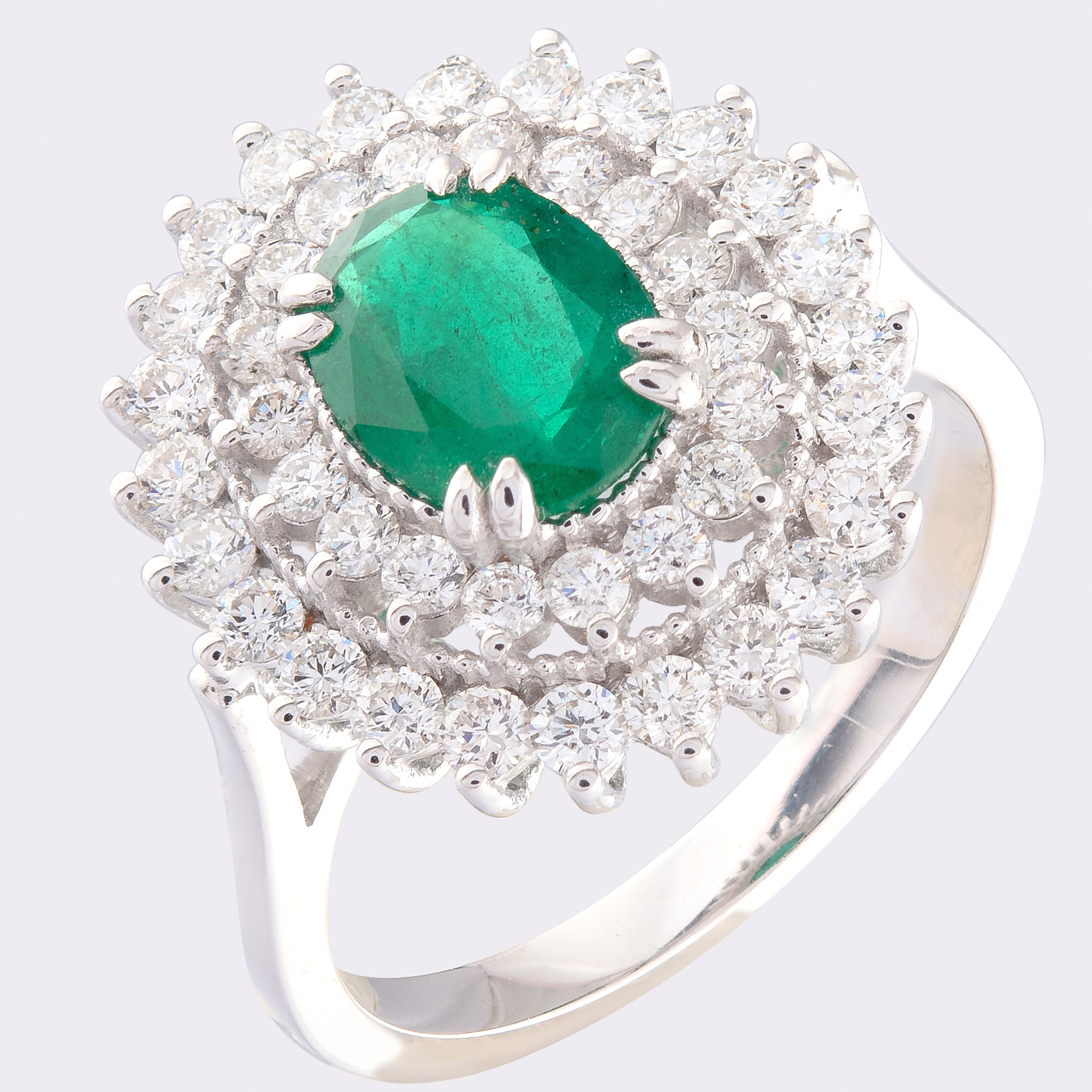 14K White Gold Cluster Ring 1.1 Ct. Natural Emerald - 1.00 Ct. Diamond