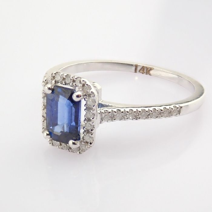 14 kt. White gold - Ring - 0.12 Ct. Diamond - Sapphire - Image 5 of 6