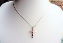 Sterling Silver Pink Topaz Pendant Cross Necklace