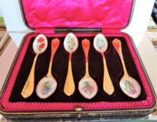 Cased Set Vintage Gilt Enamel Spoons