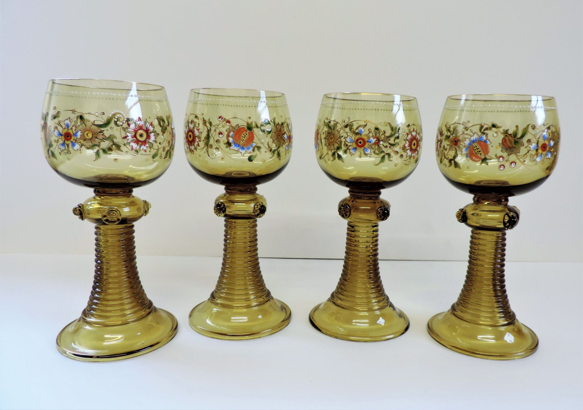 Set of 4 Antique Bohemian Fritz Herkert Roemer Hock Glasses