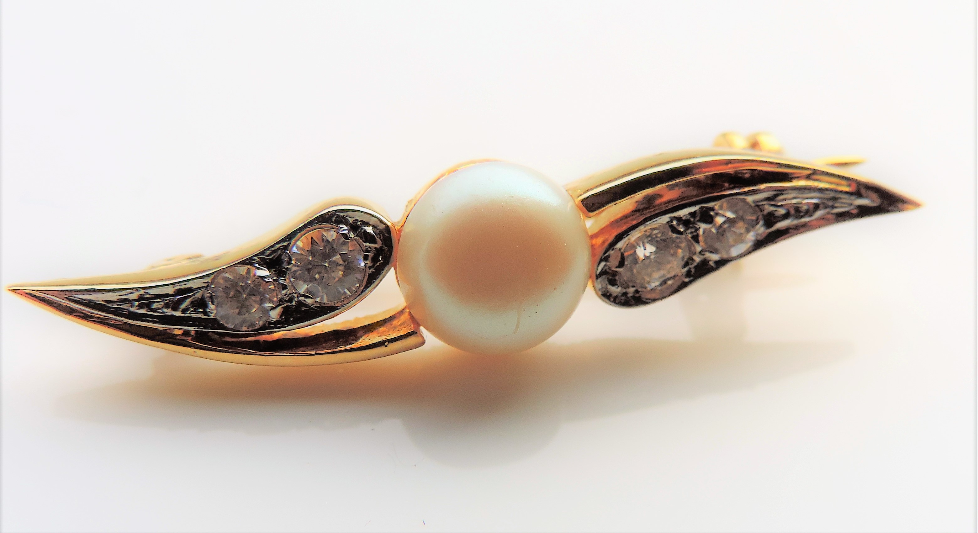 Gold on Sterling Silver Pearl & White Gemstone Brooch