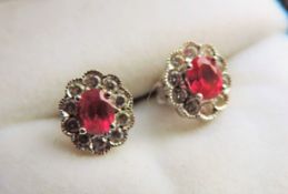 Vintage 1.6 carat Ruby & Diamond Cluster Stud Earrings