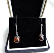 Vintage Sterling Silver Amber Ball Drop Earrings