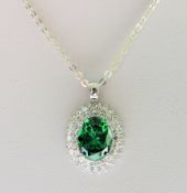 Sterling Silver 2.6 carat Emerald & CZ Pendant Necklace