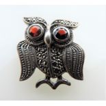 Vintage Silver Marcasite Owl Brooch with Garnet Eyes