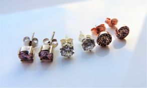 3 Pairs Sterling Silver Gemstone Stud Earrings