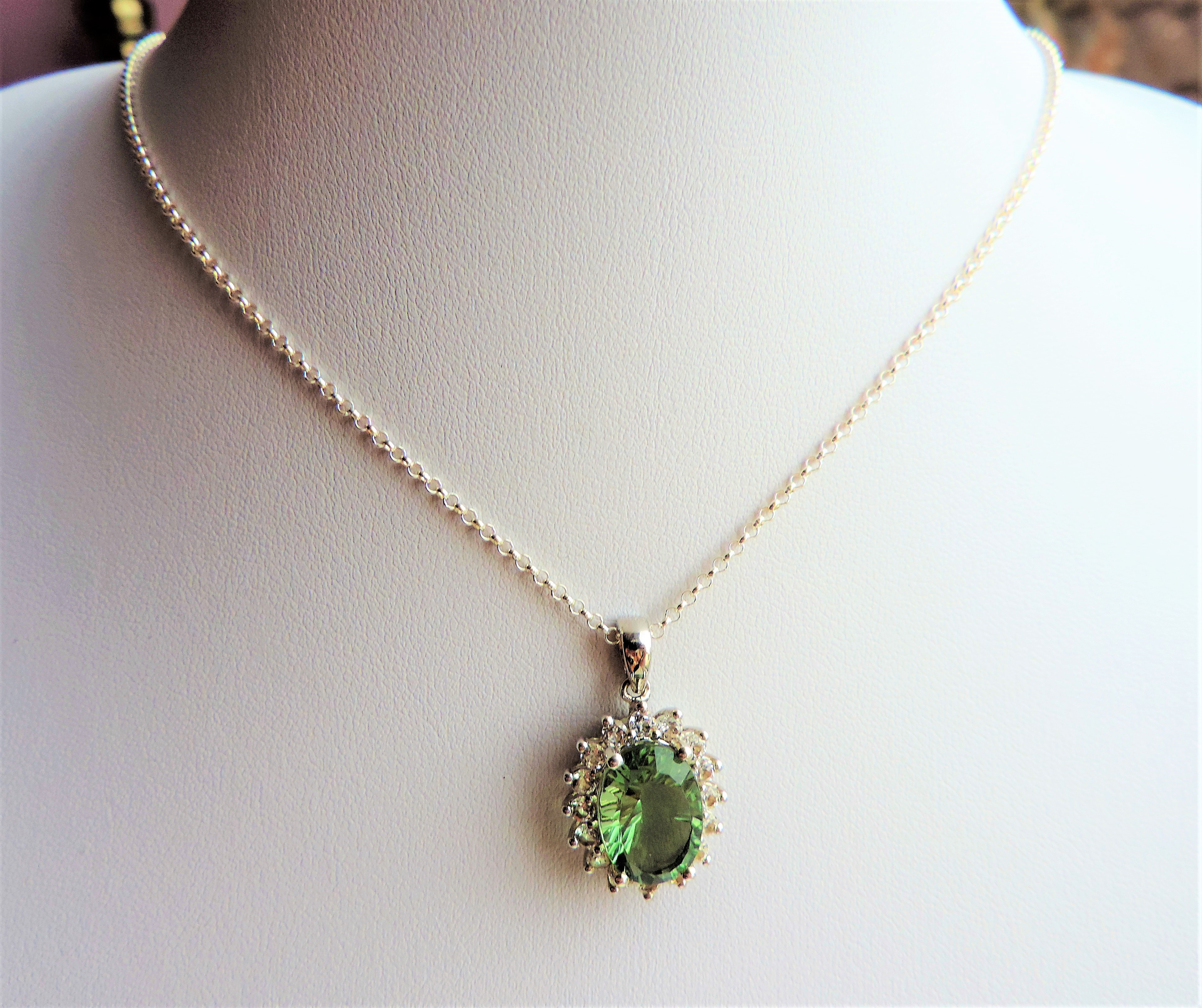 Sterling Silver 7.8 carat Green Tourmaline & Topaz Pendant Necklace