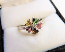 Sterling Silver Heart Shaped Multi Gemstone Tutti Frutti Ring