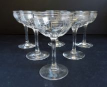 Matching Set 6 Antique Greek Key Etched Crystal Wine Glasses