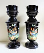 Pair of Antique Victorian Hand Painted Black Glass Vases