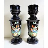 Pair of Antique Victorian Hand Painted Black Glass Vases