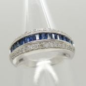 A stylish 3-row channel-set baguette sapphire and diamond ring in 18ct white gold, certified