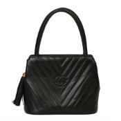 Chanel Black Chevron Quilted Lambskin Vintage Timeless Fringe Tote