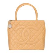 Chanel Beige Quilted Caviar Leather Medallion Tote