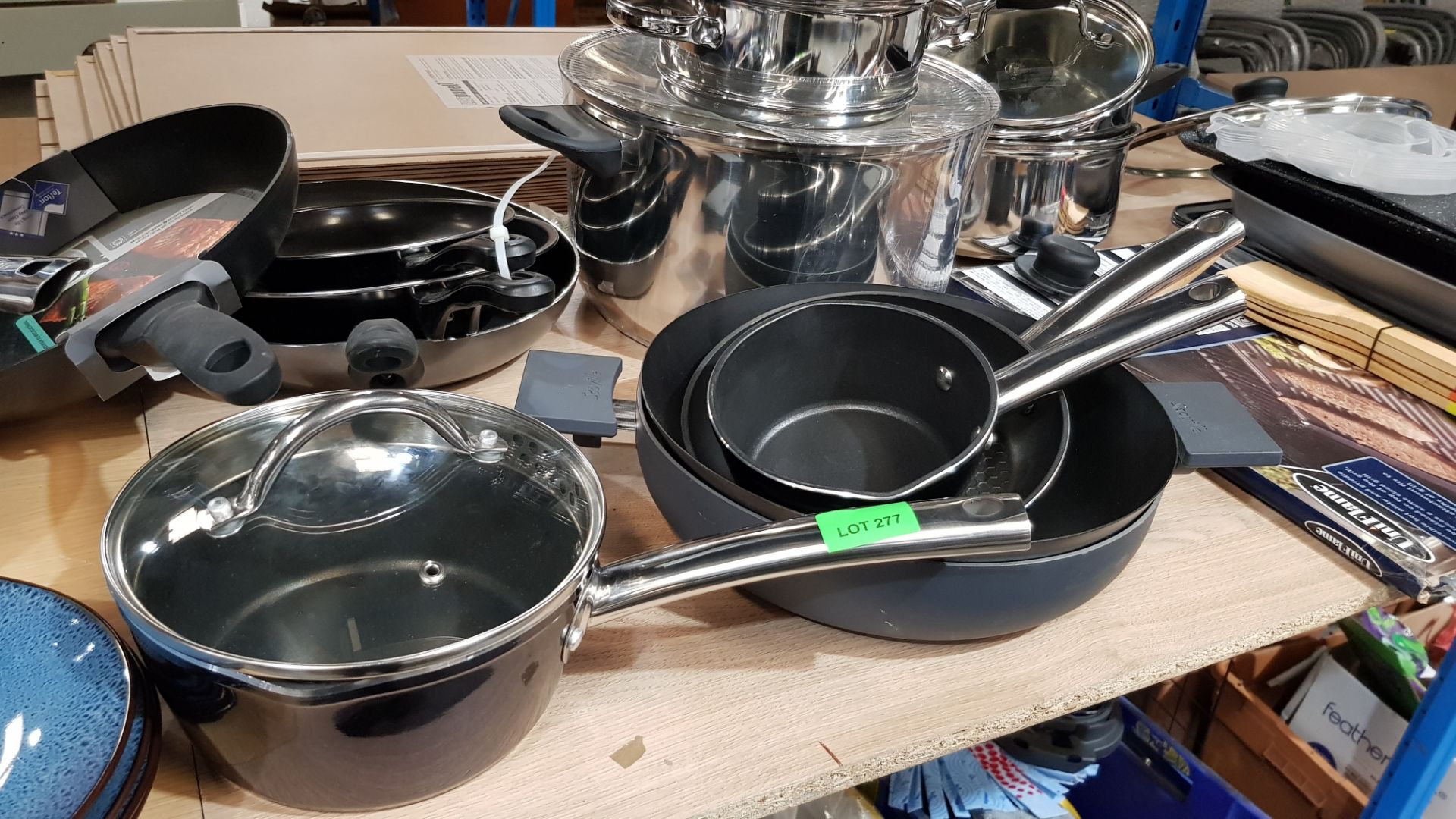 (R3D) Household. Contents Of Shelf. Mixed Lot To Include Frying Pans, Saucepans, 3 Tier Steamers, D