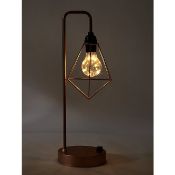 (R15C) Lighting. 7 Items. 3 X Black Curved Copper Bulb Table Lamp, 2 X Solar Gnome Light 3 Pack, 1