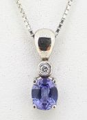 9ct (375) White Gold Oval Tanzanite & Diamond Pendant on Venetian Chain - 18"