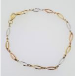 9ct Yellow/White/Rose Gold Link Bracelet - 19cm/7.5"