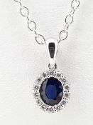 18ct White Gold 0.56ct Sapphire & Diamond Oval Cluster Pendant on Trace Chain - 20"
