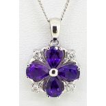 9ct White Gold Pear Shaped Amethyst & Diamond Pendant on Curb Chain - 16"