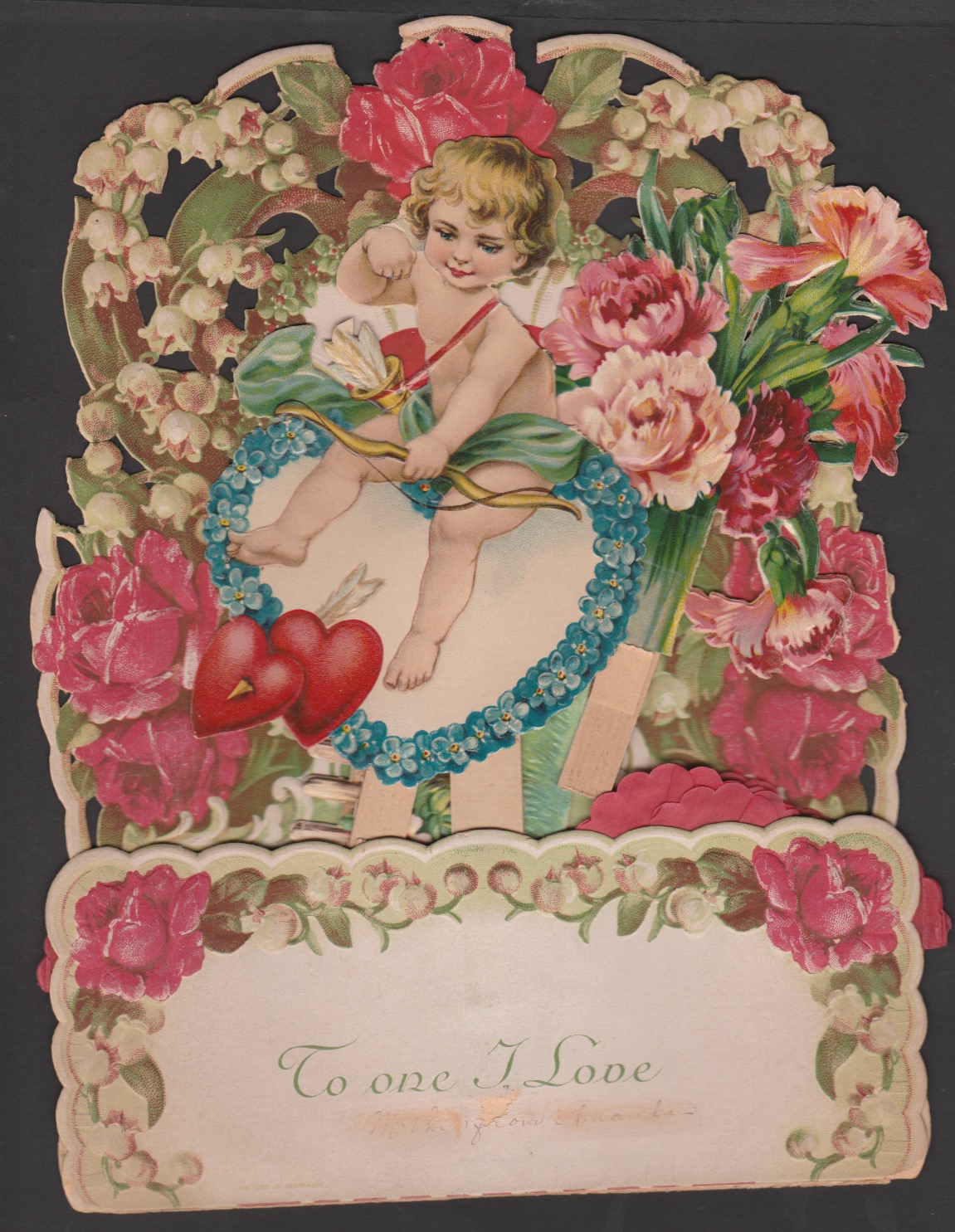 Large Victorian Valentine's Card with Flowers and Cupid shooting his arrow