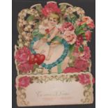 Large Victorian Valentine's Card with Flowers and Cupid shooting his arrow