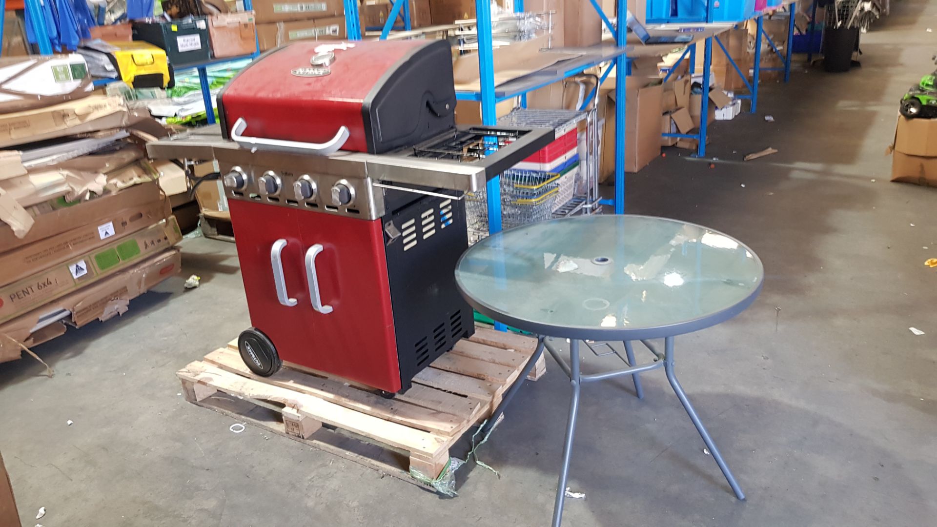 (R9F) 2 Items. 1 X Outback Saturn BBQ (Missing Grill Ð Used) & 1 X 86cm Dia Round Outdoor Table