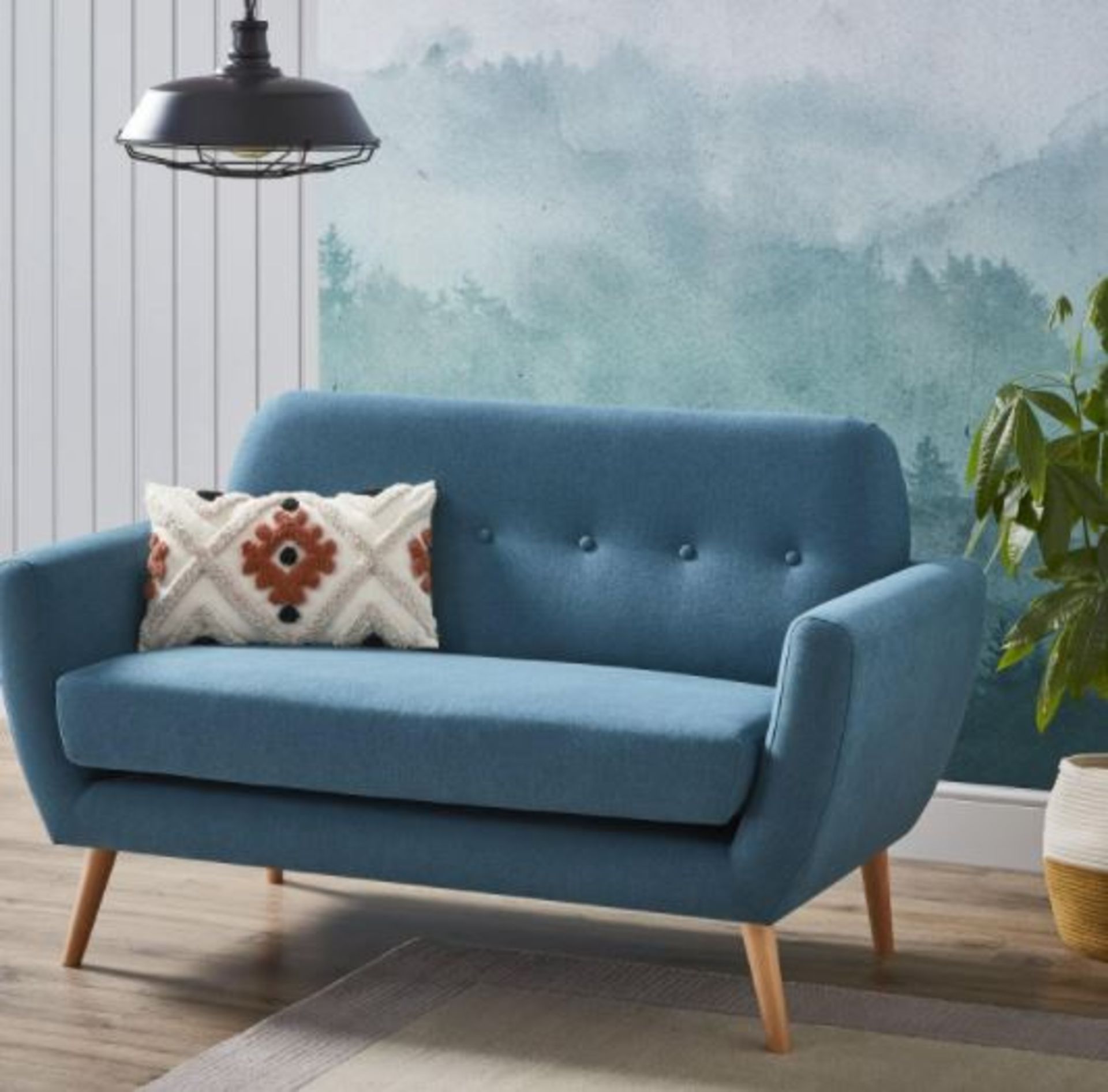 (R6N) Household. 1 X Scandi Savannah Sofa Teal. 2 Seater Sofa. Wooden Frame With Solid Beechwood Le