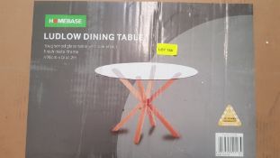 (R12) 1 X Ludlow Dining Table. Toughened Glass Table With Oak Effect Finish Metal Frame. (H76 X Dia