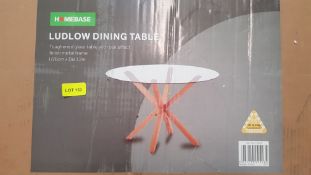 (R12) 1 X Ludlow Dining Table. Toughened Glass Table With Oak Effect Finish Metal Frame. (H76 X Dia