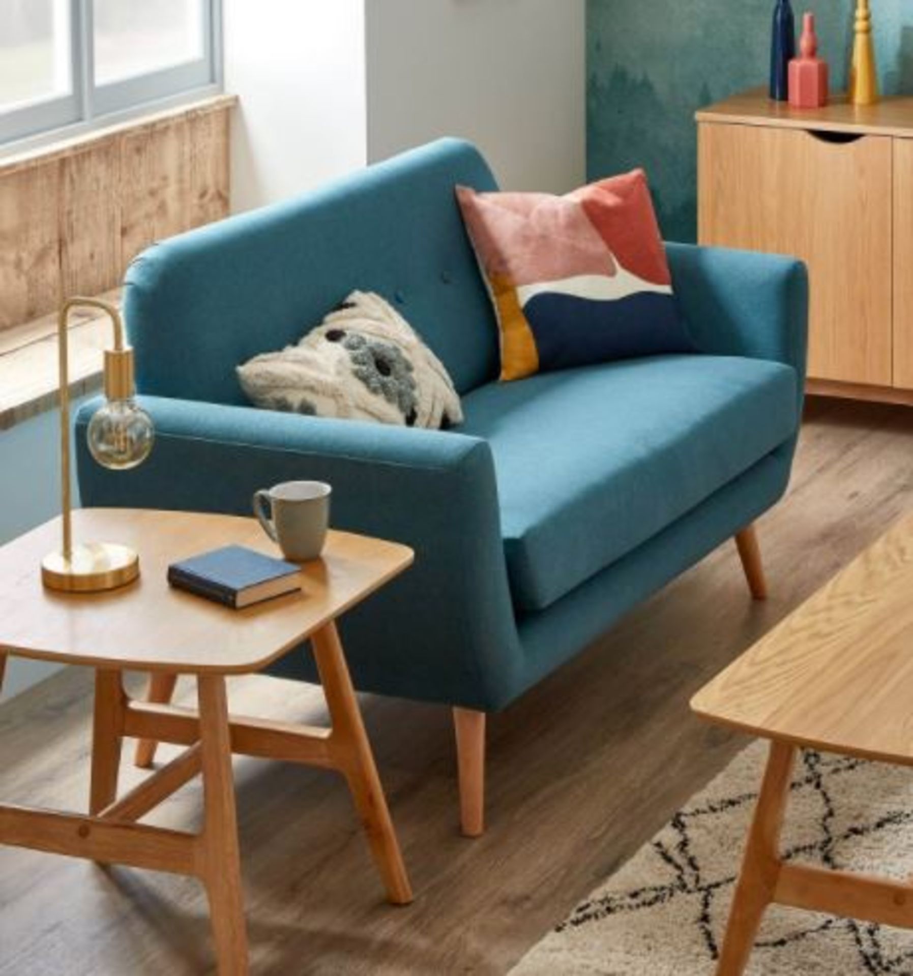 (R6N) Household. 1 X Scandi Savannah Sofa Teal. 2 Seater Sofa. Wooden Frame With Solid Beechwood Le - Image 2 of 9