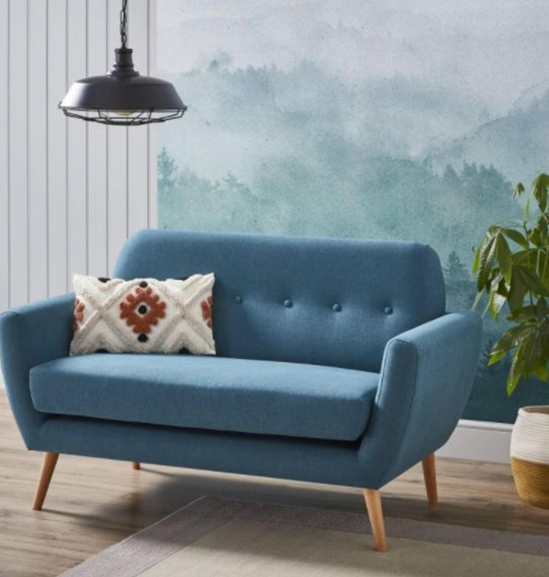 (R6F) Household. 1 X Scandi Savannah Sofa Teal. 2 Seater Sofa. Wooden Frame With Birchwood Legs. (H