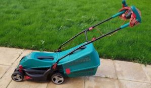 (R14F) 4 Items. 2 X Sovereign Corded Lawnmower, 1 X Bosch Rotak 37-14 Ergo Corded Lawnmower (Damage