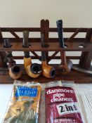 Vintage Pipe Rack with 4 estate Pipes and Tobacco