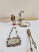 Silver Collared Knife, Sugar Nips, Whiskey Lable, and Spirit bottle Stoppers