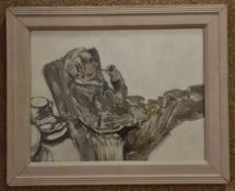 Vintage Framed Painting Oil on Board Seated Man Smoking c1960's Vintage Framed Painting Oil on Board