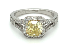 Natural fancy intense yellow diamond, 1.25ct cushion cut. GIA certified set in platinum