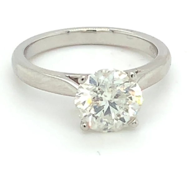 2.01ct round brilliant diamond set in Platinum, H colour, I1 clarity