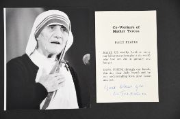 Mother Teresa (1910 - 1997) Original Signature on Prayer Sheet.