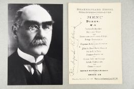 Rudyard Kipling (1865 - 1936) Original Signature on hotel menu dated 1932.