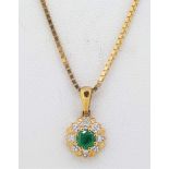 9ct (375) Yellow Gold Emerald and Diamond Flower Cluster Pendant on Venetian Chain - 20"