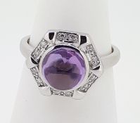 9ct White Gold Cabochon Amethyst & Diamond Ring