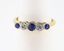 Vintage 18ct (750) Yellow Gold Sapphire & Diamond Five Stone Ring