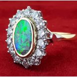 18ct (750) Yellow Gold Black Opal & 1.4ct Diamond Cluster Ring - Hand Made with Insurance Valuation