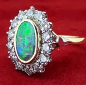 18ct (750) Yellow Gold Black Opal & 1.4ct Diamond Cluster Ring - Hand Made with Insurance Valuation