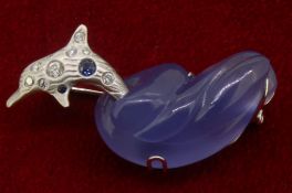 One of a Kind 18ct (750) White Gold Diamond & Sapphire Encrusted Brooch with Blue Calcedony