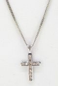 18ct (750) White Gold Diamond Cross Pendant and 16" Curb Chain Necklace