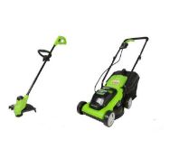 (R7A) 2x Greenworks 24V Lawn Mower & String Trimmer Combo Kit. No Battery.